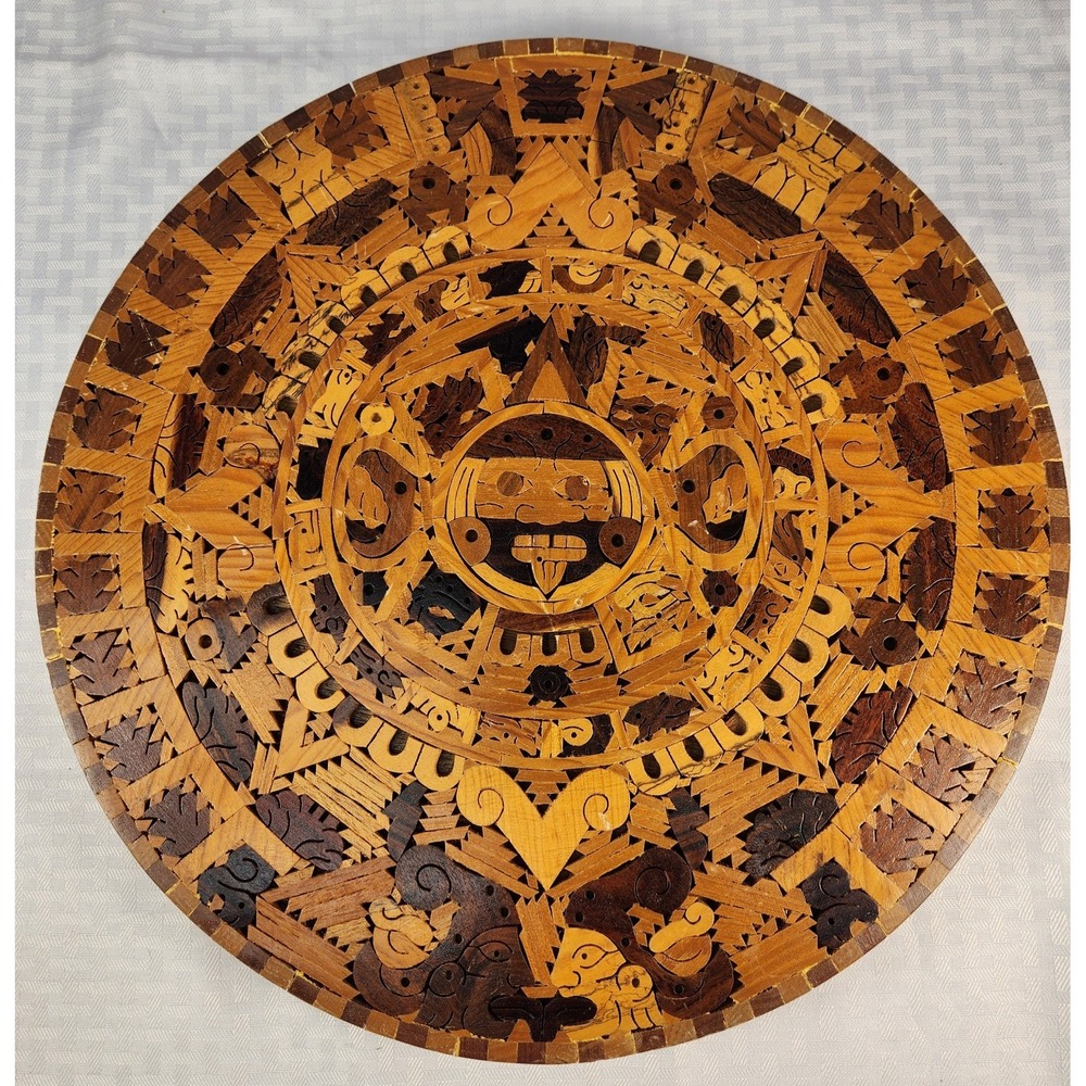 Beautiful Vintage Aztec Myan Calendar Hand Carved Inlay Wood Art Intricate